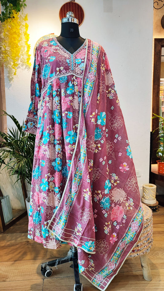 Rust & Multicolor Cotton Full Flared Suit Set