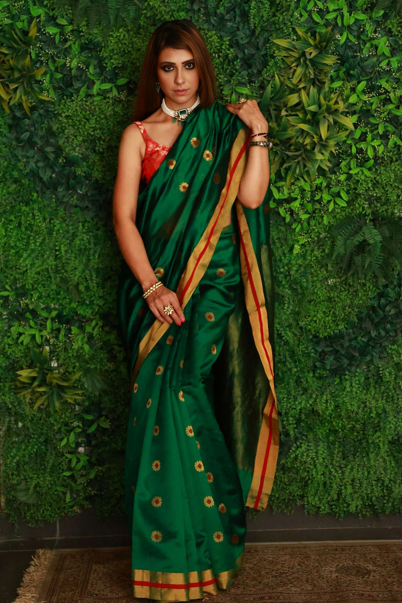 Forest Green Premium Pattu Silk Chanderi Saree with Minakari motifs