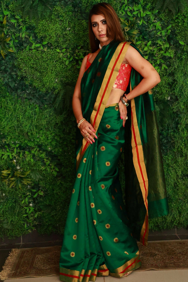 Forest Green Premium Pattu Silk Chanderi Saree with Minakari motifs