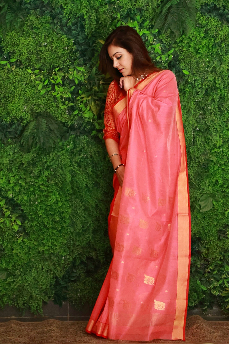 Salmon Peach Premium Mercerised Chanderi Silk Saree