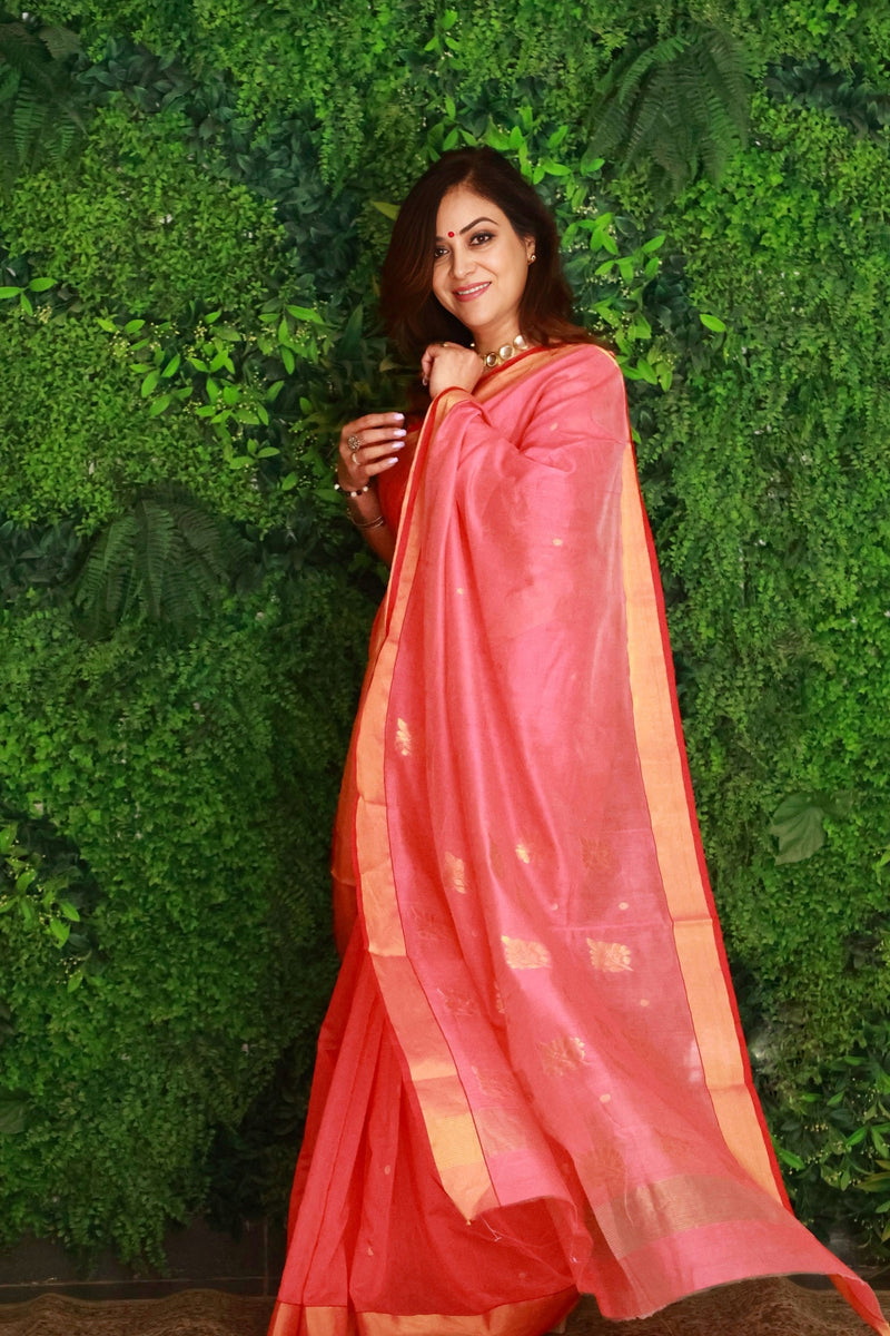 Salmon Peach Premium Mercerised Chanderi Silk Saree
