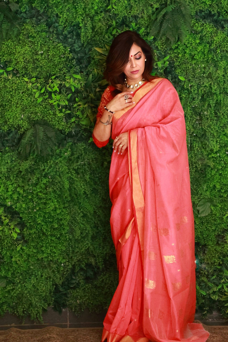 Salmon Peach Premium Mercerised Chanderi Silk Saree