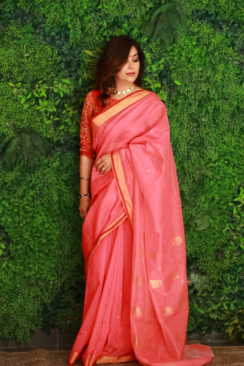 Salmon Peach Premium Mercerised Chanderi Silk Saree