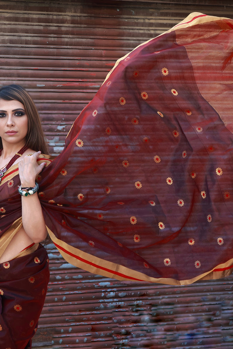 Mulberry Purple Premium Pattu Silk Chanderi Saree with Minakari motifs