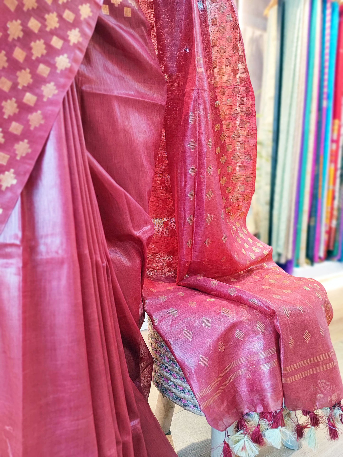Blush Red Linen Silk Saree With Golden Weaving