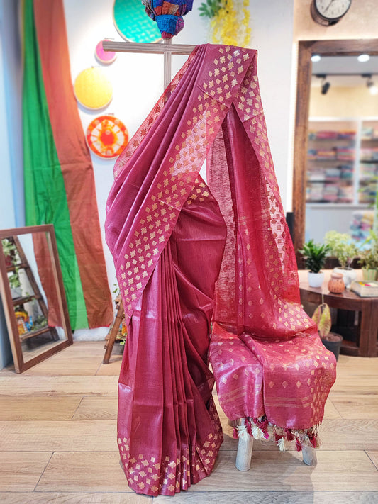 Blush Red Linen Silk Saree With Golden Weaving