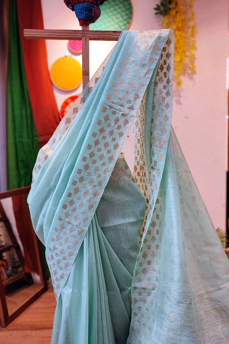 Ultramarine Green Linen Silk Saree With Golden Weaving