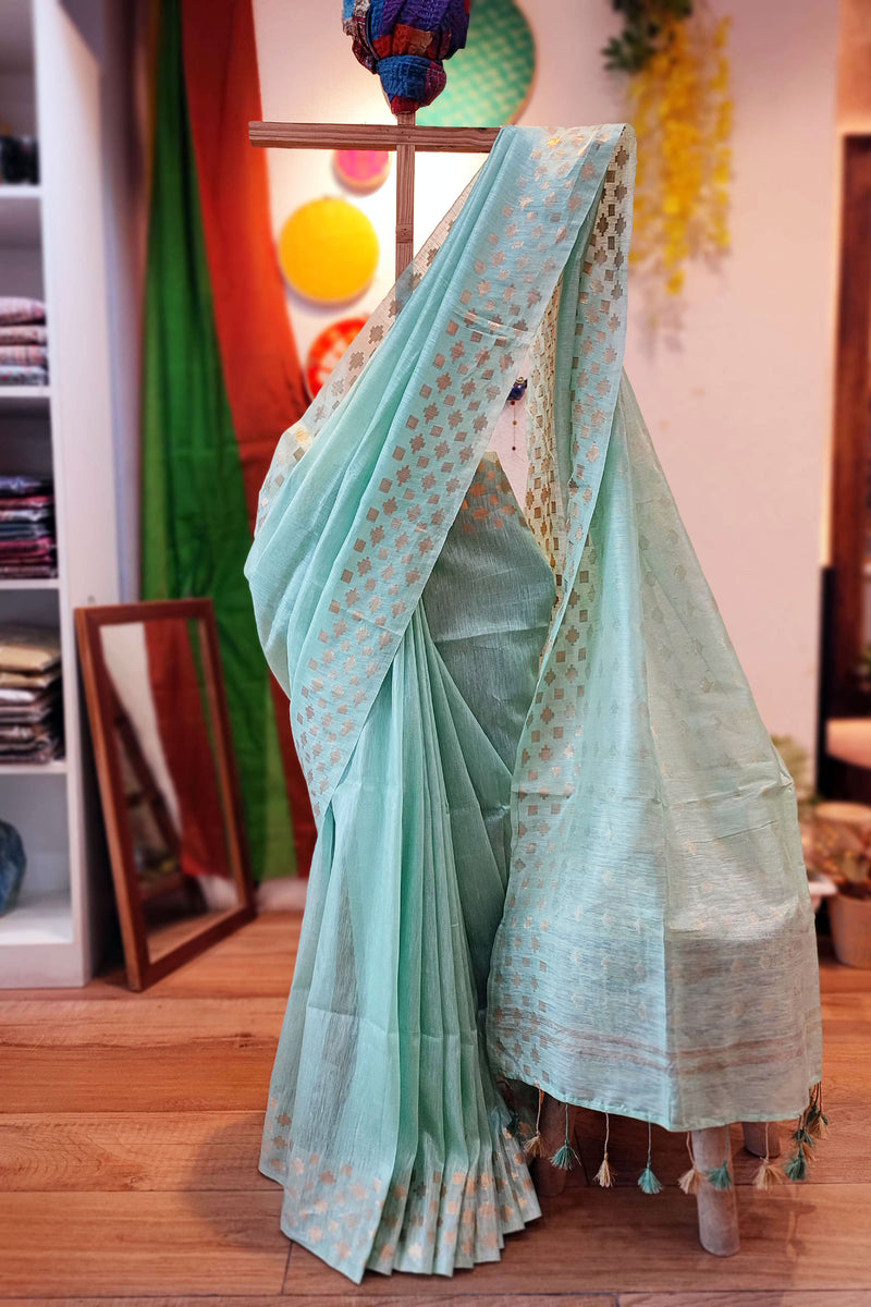 Ultramarine Green Linen Silk Saree With Golden Weaving
