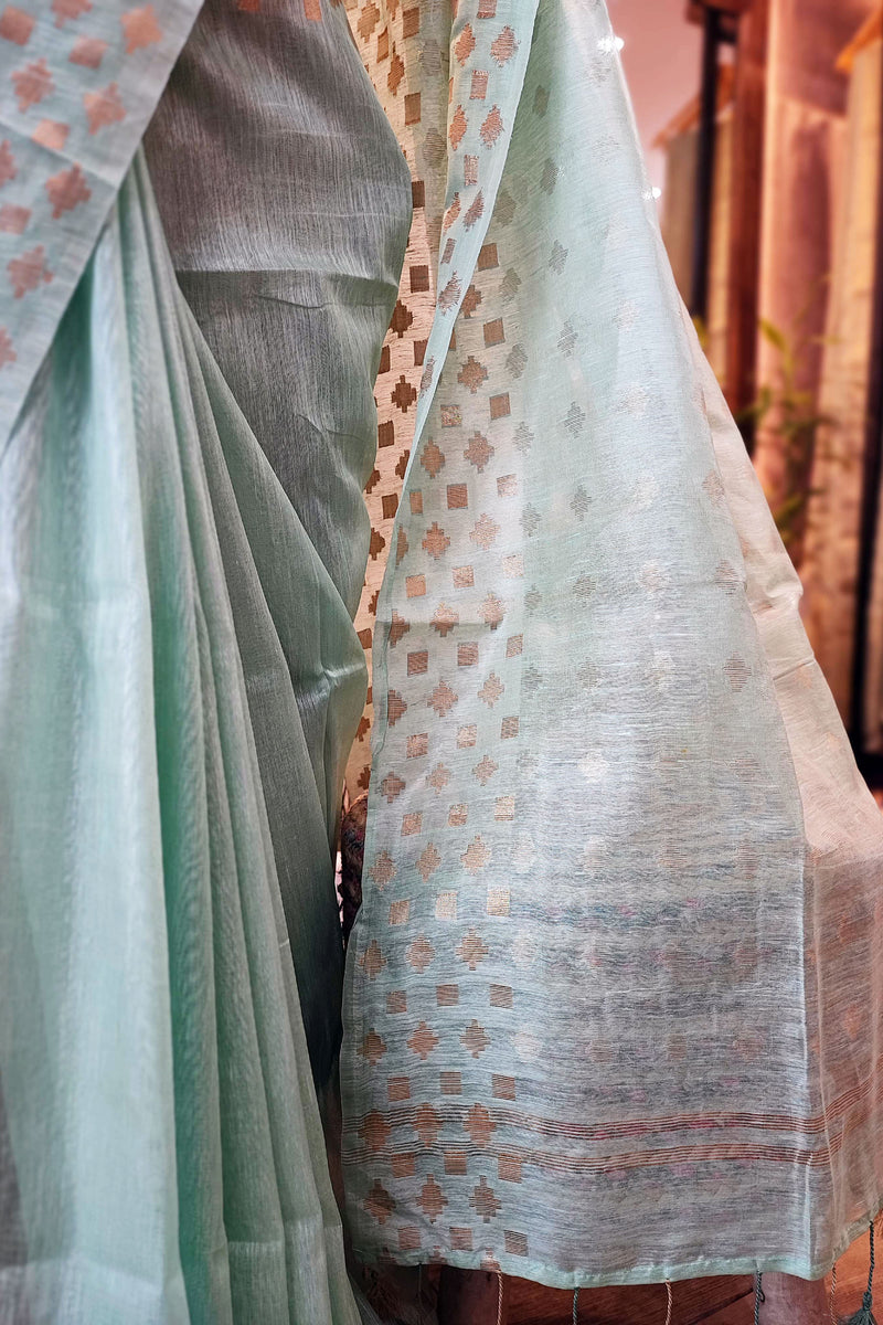 Ultramarine Green Linen Silk Saree With Golden Weaving