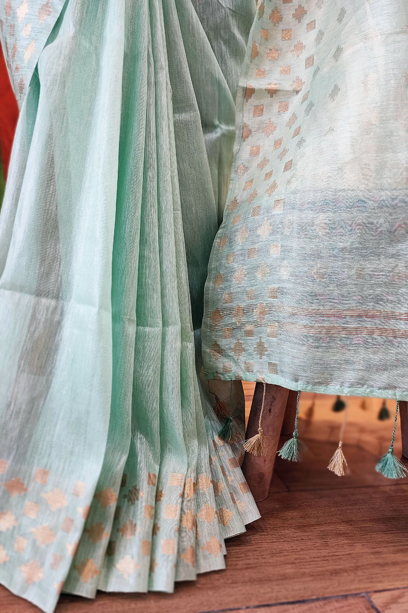 Ultramarine Green Linen Silk Saree With Golden Weaving
