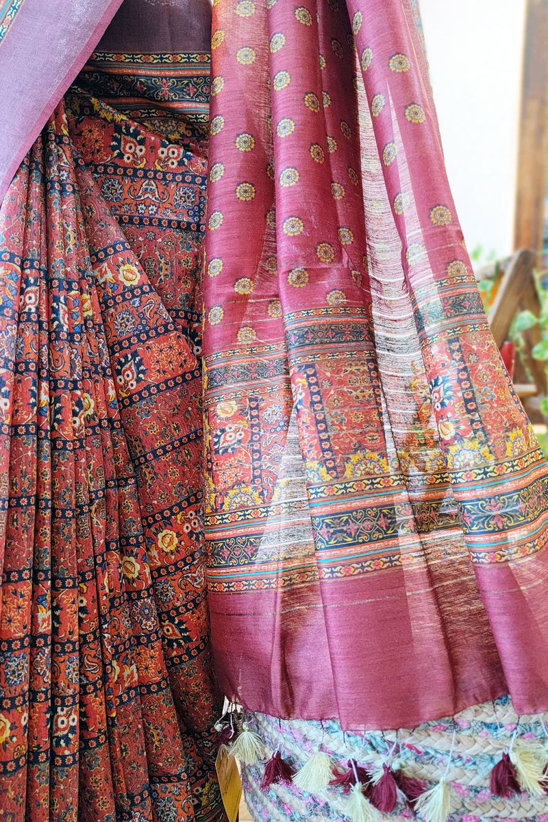 Multicolor Blush Pink Moonga Tussar Silk Saree With Digital Kalamkari Print