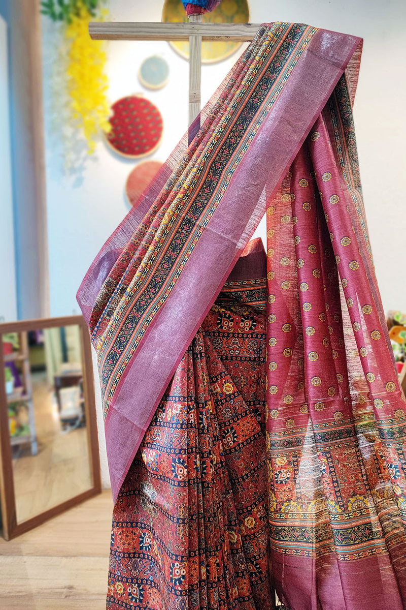Multicolor Blush Pink Moonga Tussar Silk Saree With Digital Kalamkari Print