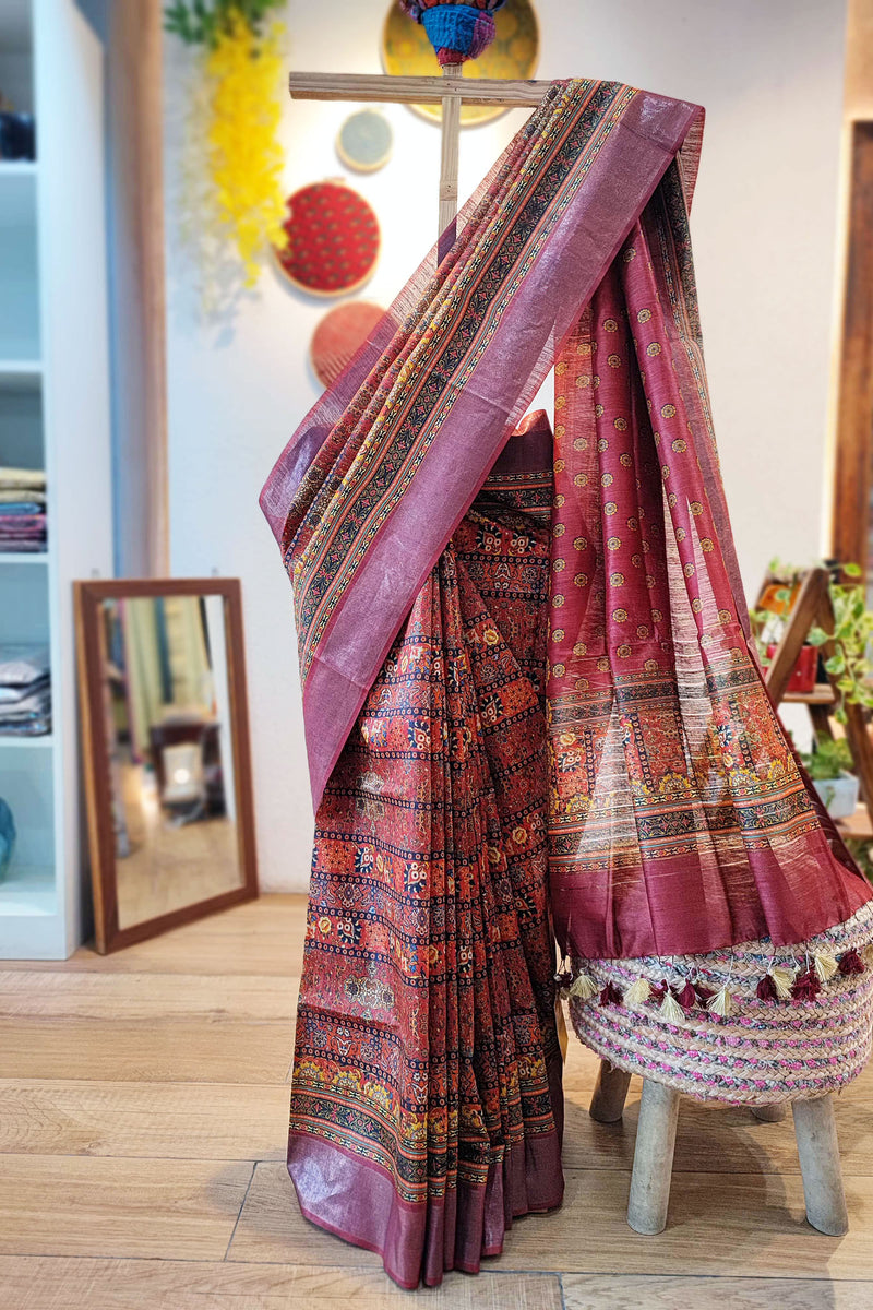 Multicolor Blush Pink Moonga Tussar Silk Saree With Digital Kalamkari Print