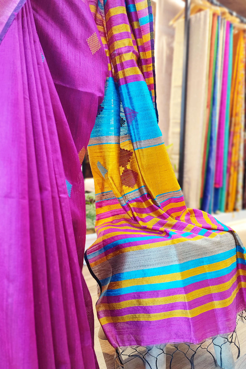 Fuchsia Pink Kosa Silk Saree With Multicolor Pallu