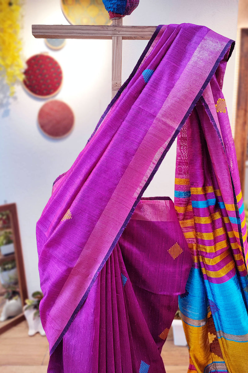 Fuchsia Pink Kosa Silk Saree With Multicolor Pallu