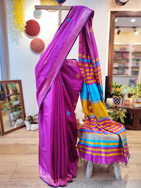 Fuchsia Pink Kosa Silk Saree With Multicolor Pallu