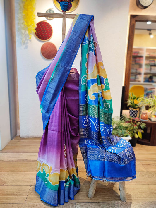 Blue & Purple Pure Tassar Silk Handpainted Silk Saree