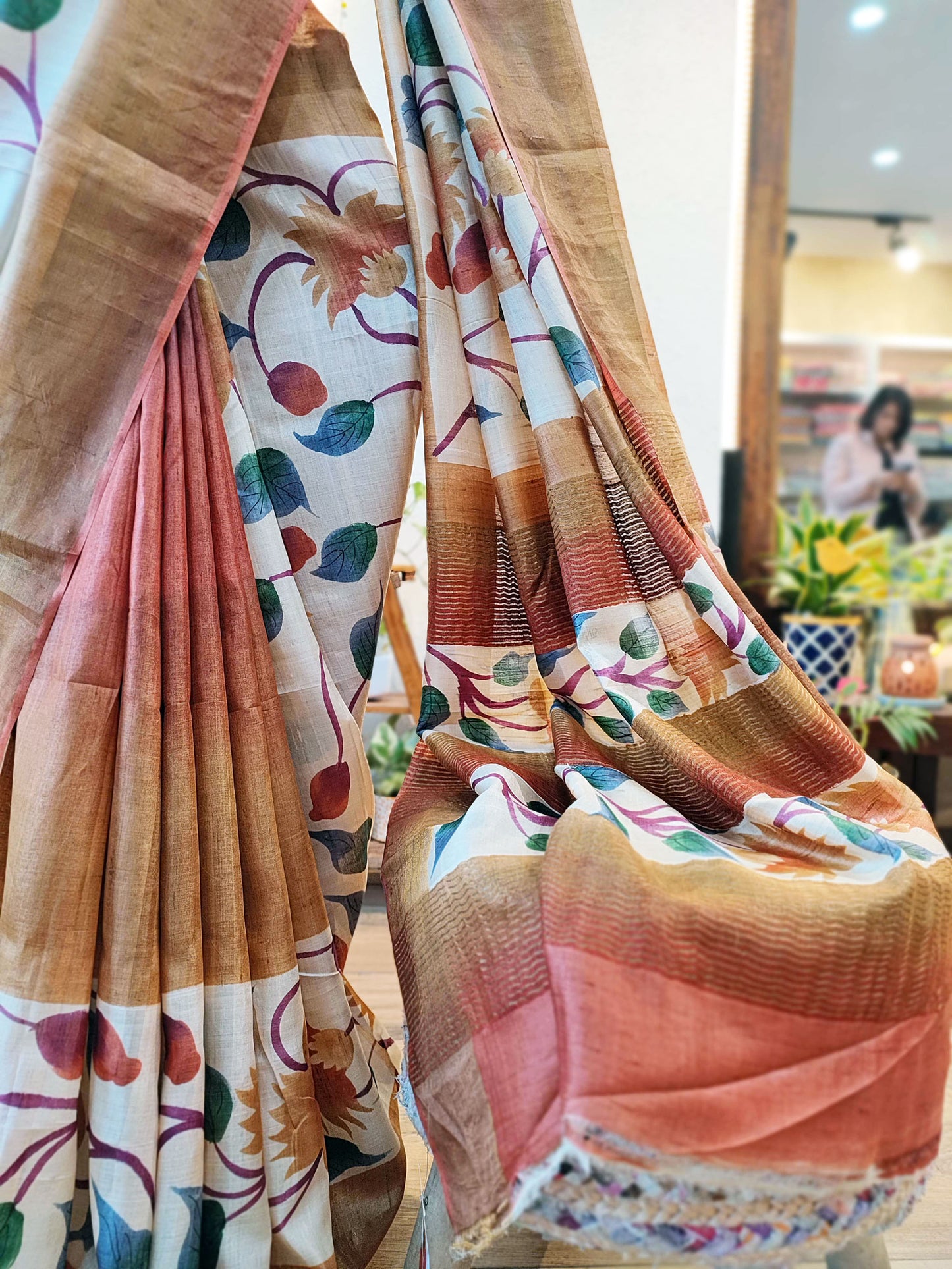 Rust Brown & Cream Pure Tussar Silk Handpainted Silk Saree