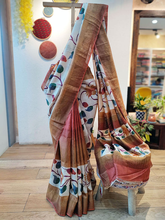 Rust Brown & Cream Pure Tussar Silk Handpainted Silk Saree