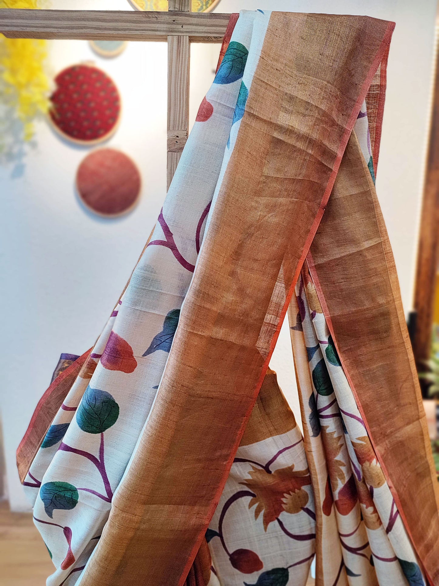 Rust Brown & Cream Pure Tussar Silk Handpainted Silk Saree