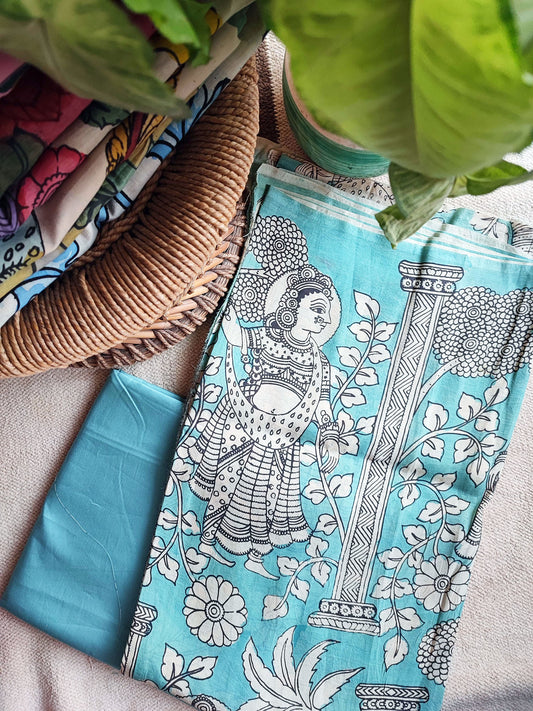 Hand-Painted Pen Srikalahasti Sky Blue Kalamkari Kurta and Pants Set