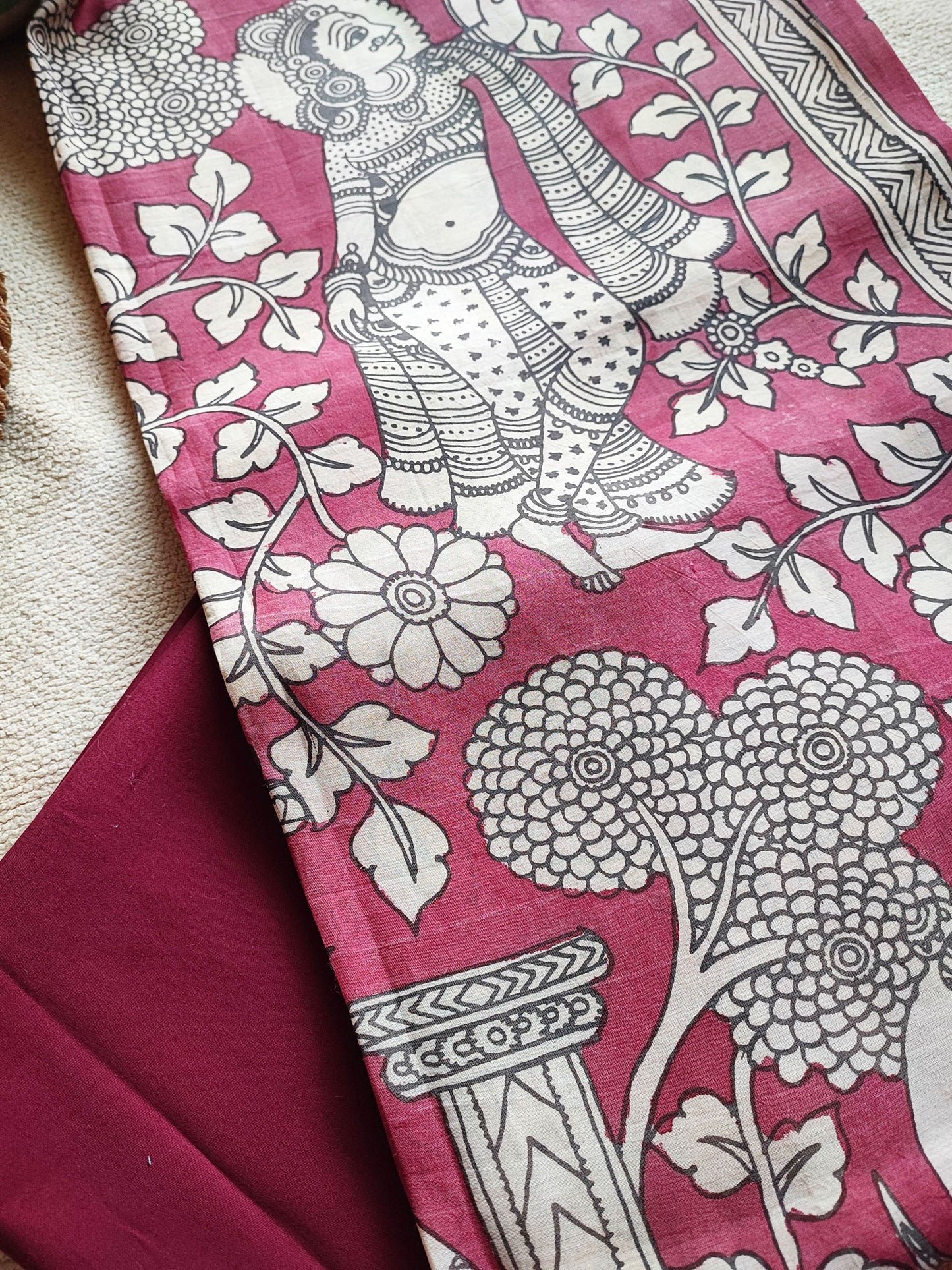 Hand-Painted Pen Srikalahasti Hot Pink Kalamkari Kurta and Maroon Pants Set