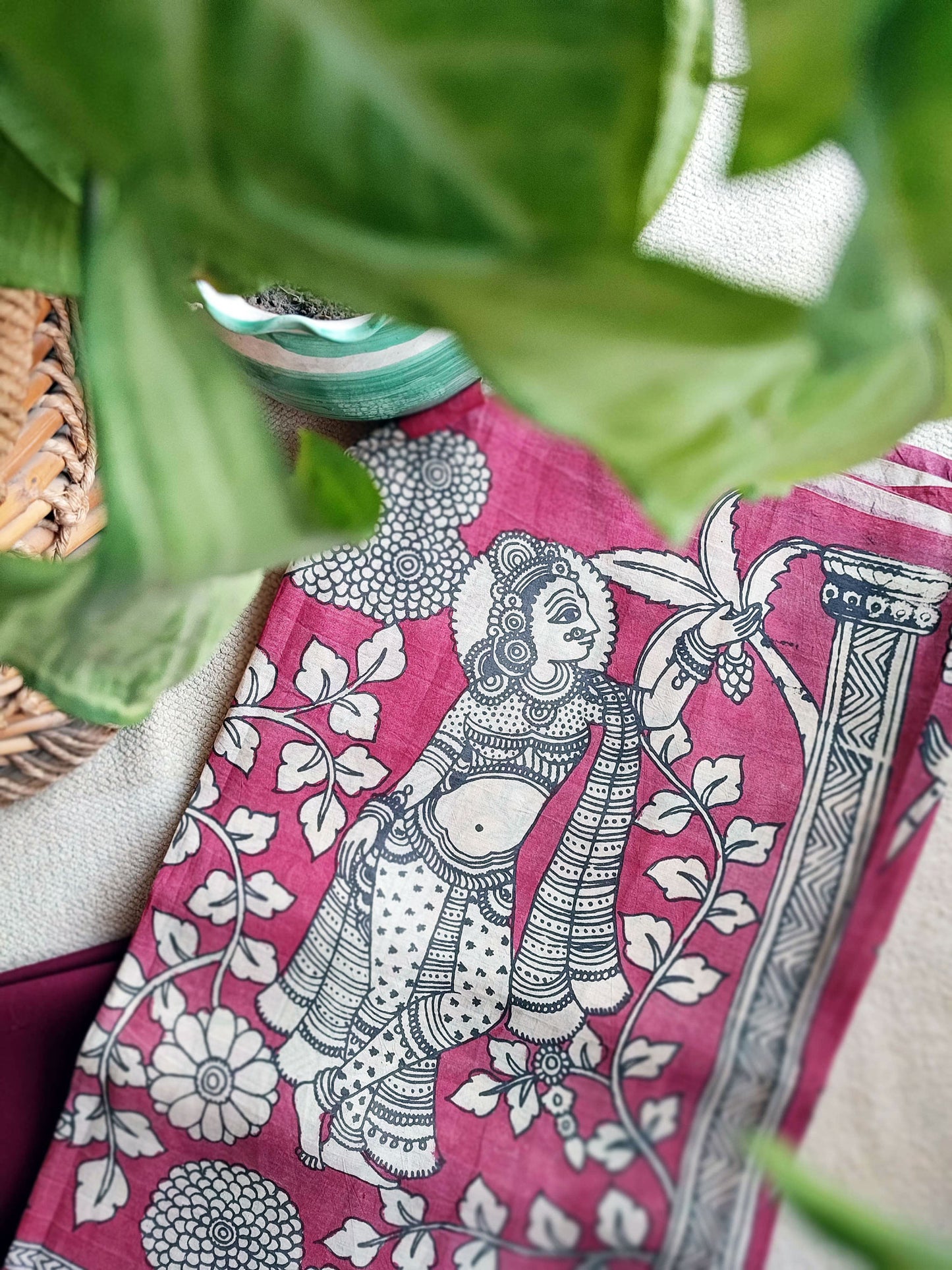 Hand-Painted Pen Srikalahasti Hot Pink Kalamkari Kurta and Maroon Pants Set