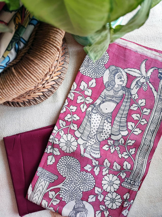 Hand-Painted Pen Srikalahasti Hot Pink Kalamkari Kurta and Maroon Pants Set