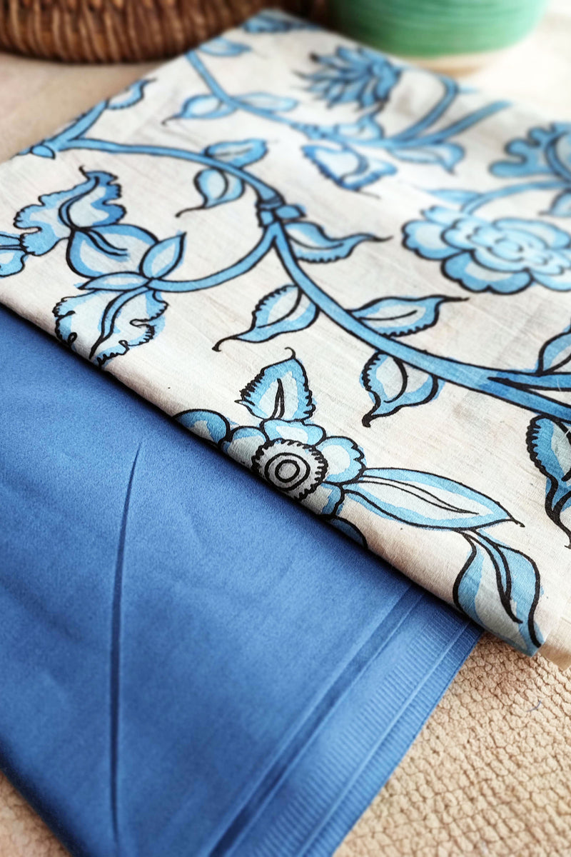 Srikalahasti Kalamkari White-Blue Kurta with Blue Pants Set