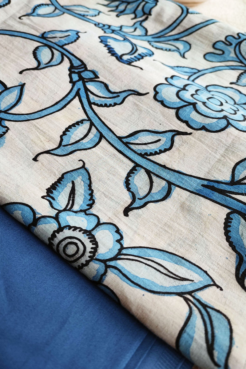 Srikalahasti Kalamkari White-Blue Kurta with Blue Pants Set