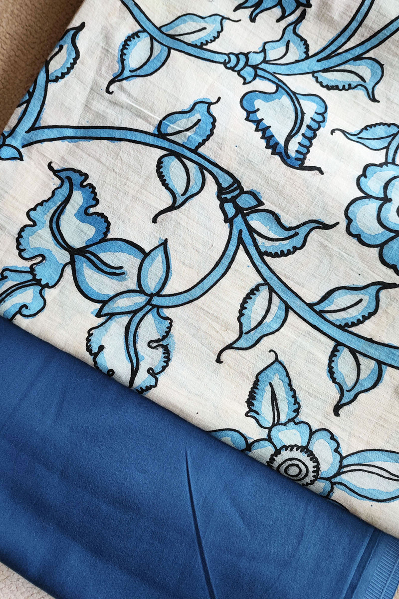 Srikalahasti Kalamkari White-Blue Kurta with Blue Pants Set