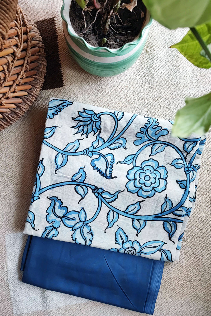 Srikalahasti Kalamkari White-Blue Kurta with Blue Pants Set
