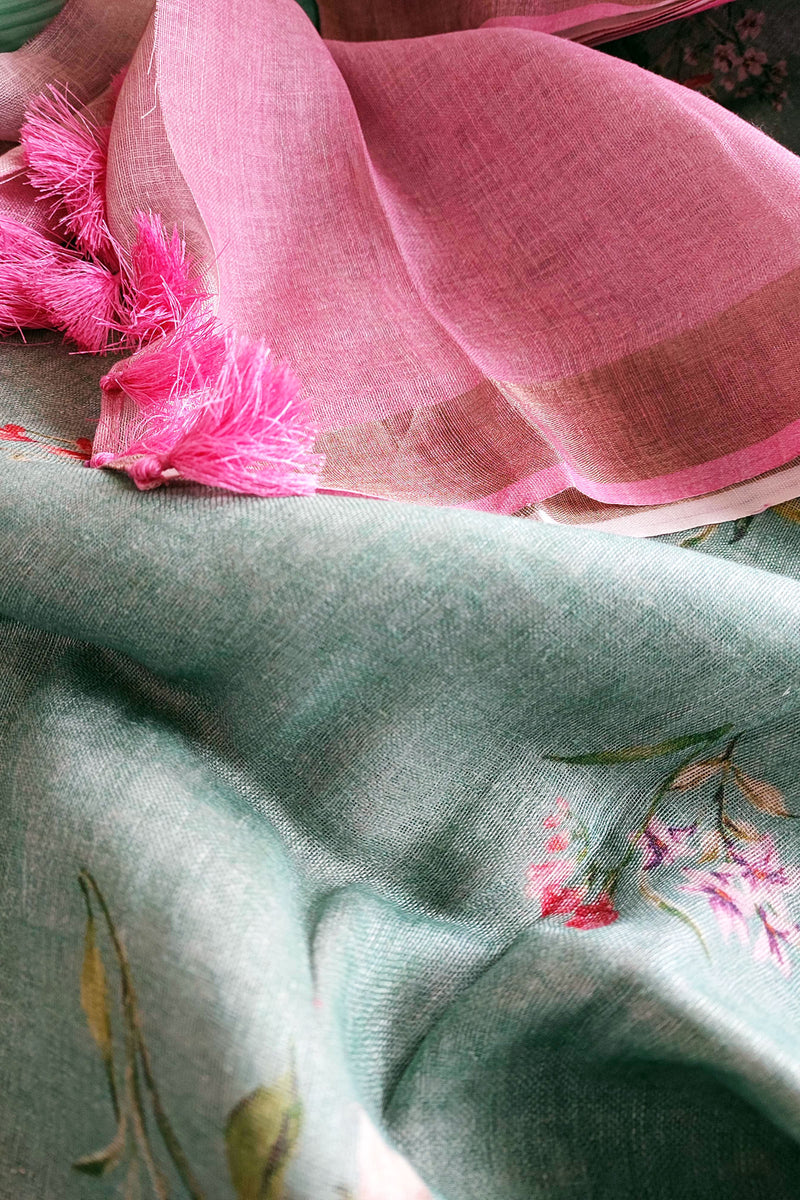 Bluish Gray & Pink Floral Printed Saree with Tassels Detailing