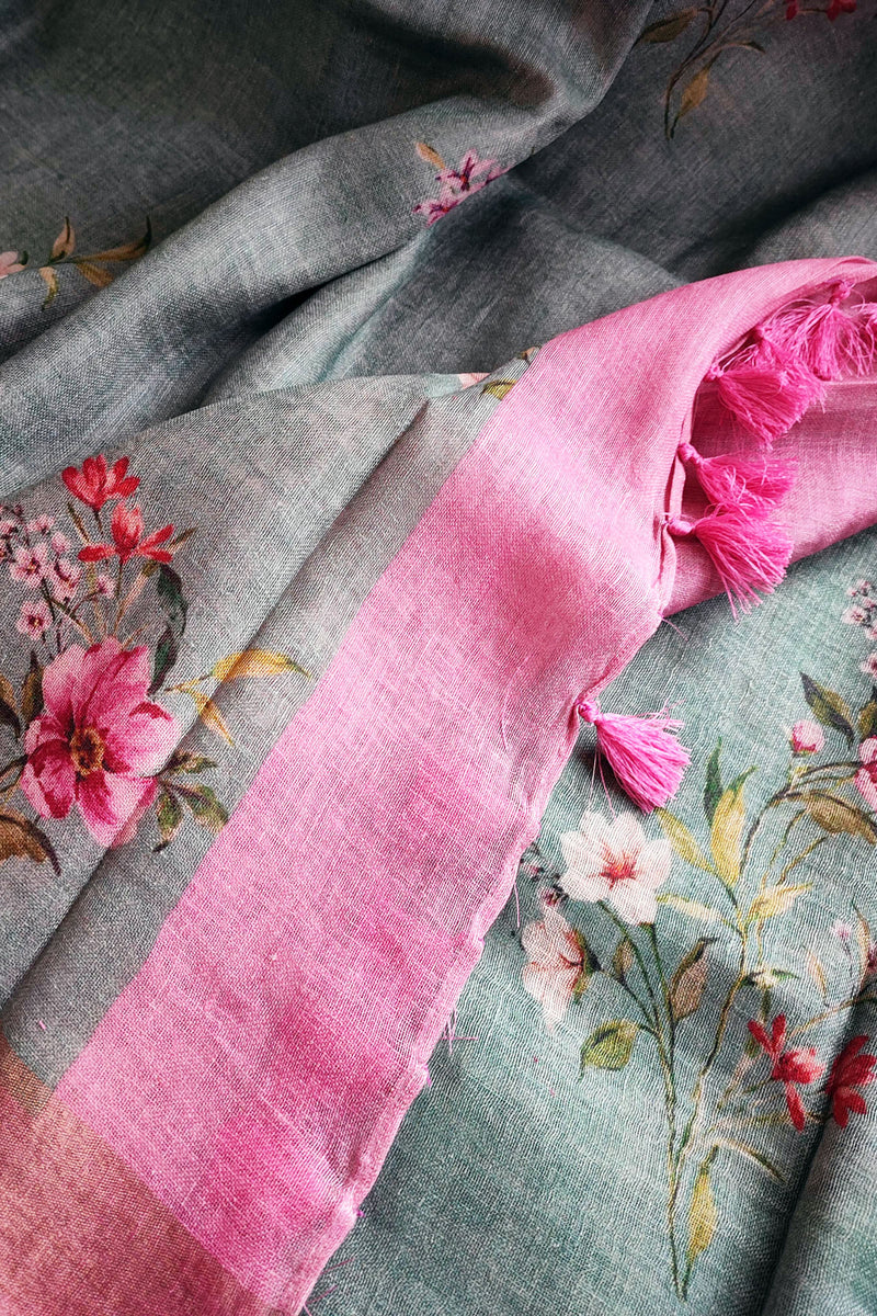 Bluish Gray & Pink Floral Printed Saree with Tassels Detailing
