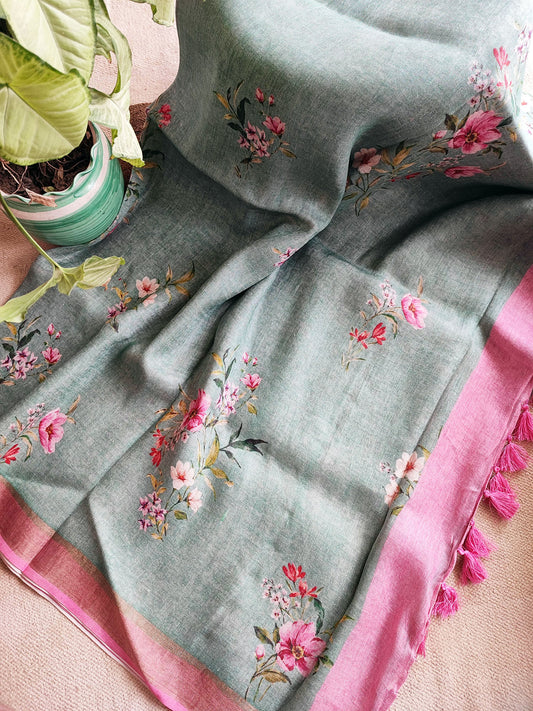 Bluish Gray & Pink Floral Printed Saree with Tassels Detailing