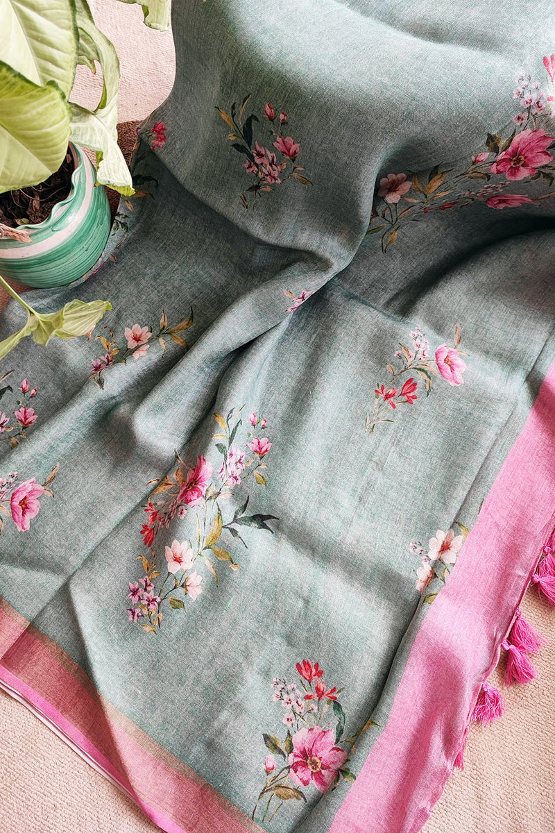 Bluish Gray & Pink Floral Printed Saree with Tassels Detailing