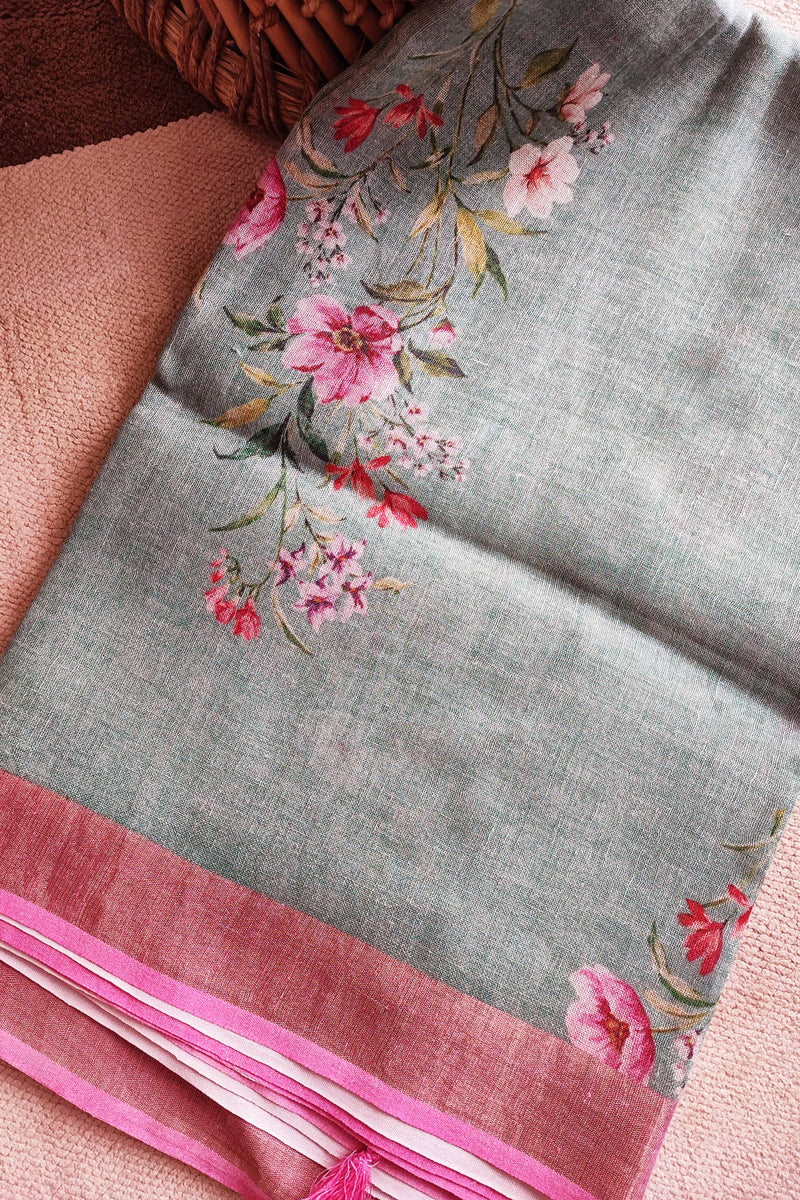 Bluish Gray & Pink Floral Printed Saree with Tassels Detailing