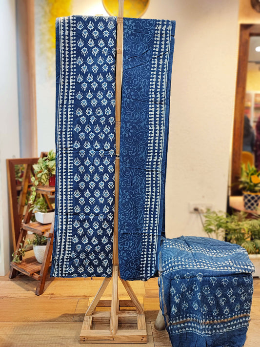 Indigo Handblock Print Cotton Suit Set with Kota Doria Dupatta