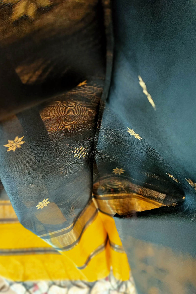 Yellow & Black Maheshwari Silk Saree with Thin Zari Border