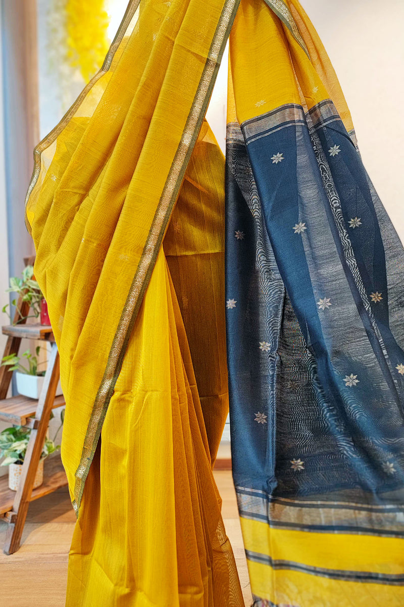 Yellow & Black Maheshwari Silk Saree with Thin Zari Border