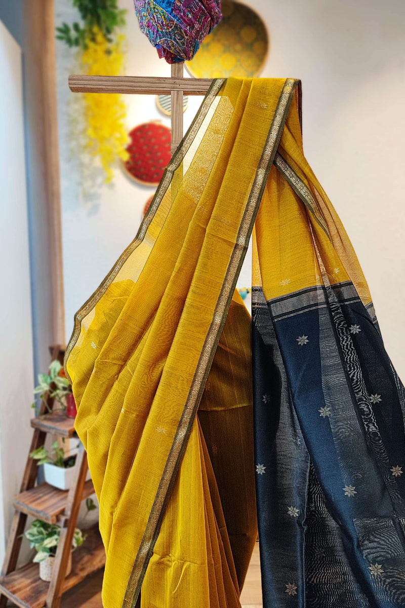 Yellow & Black Maheshwari Silk Saree with Thin Zari Border