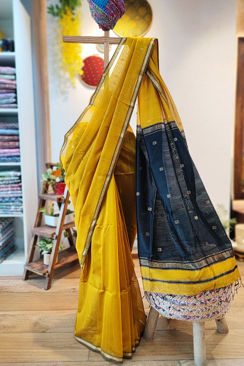 Yellow & Black Maheshwari Silk Saree with Thin Zari Border