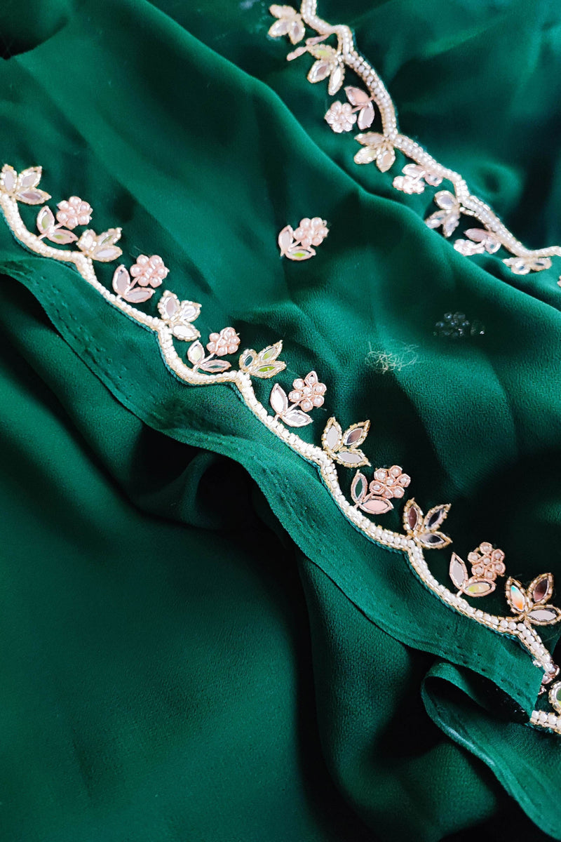 Emerald Green Semi Georgette Saree With Handwork Border & Blouse