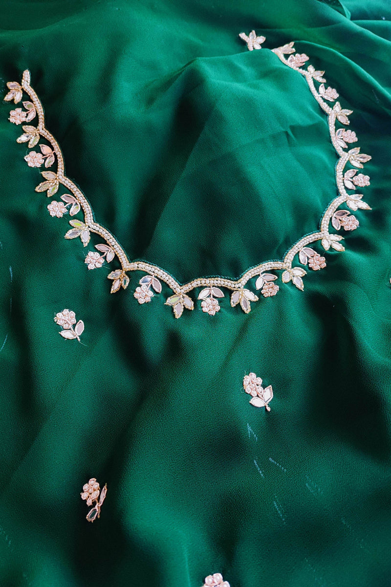 Emerald Green Semi Georgette Saree With Handwork Border & Blouse