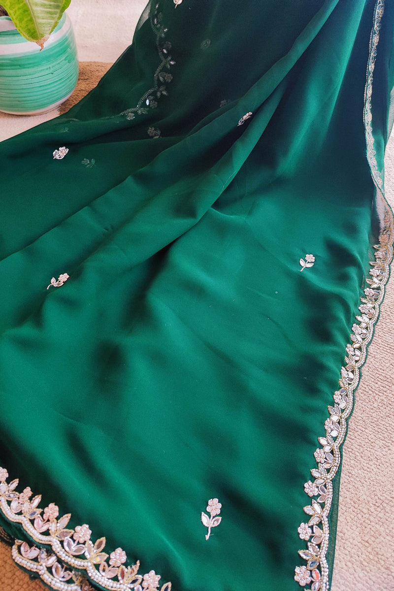 Emerald Green Semi Georgette Saree With Handwork Border & Blouse