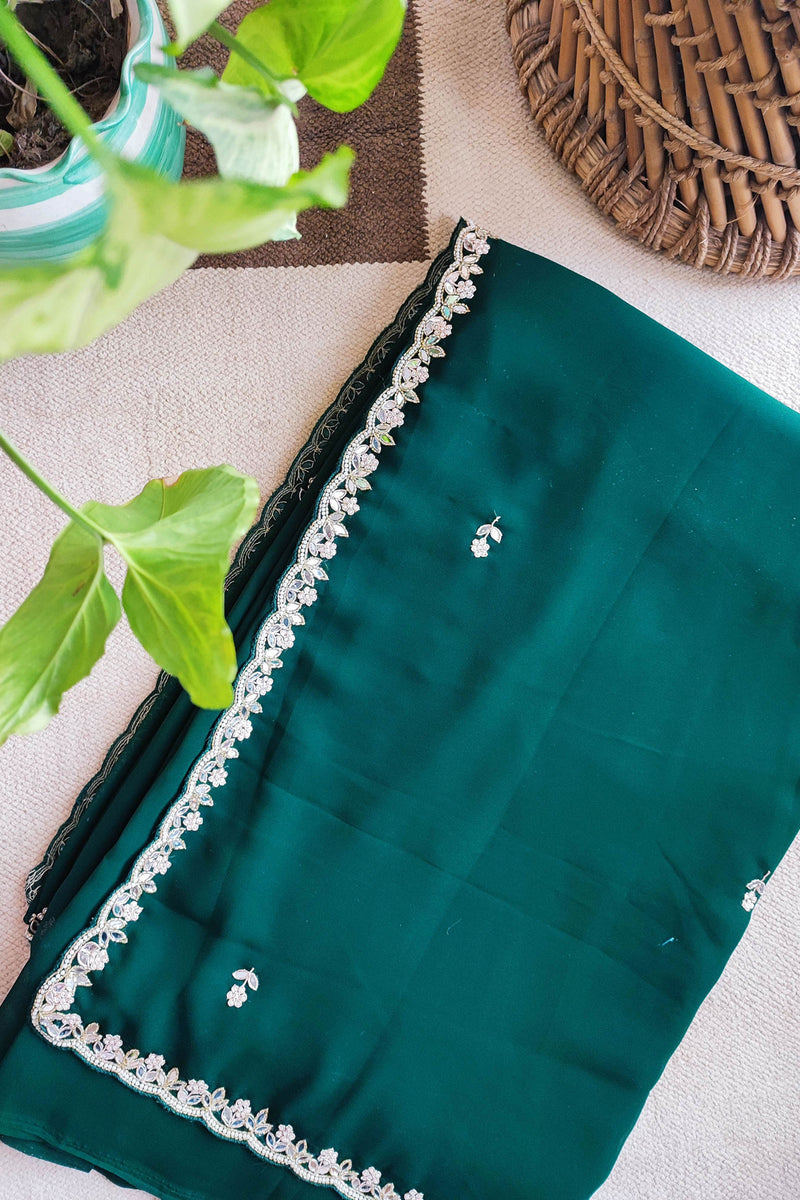 Emerald Green Semi Georgette Saree With Handwork Border & Blouse