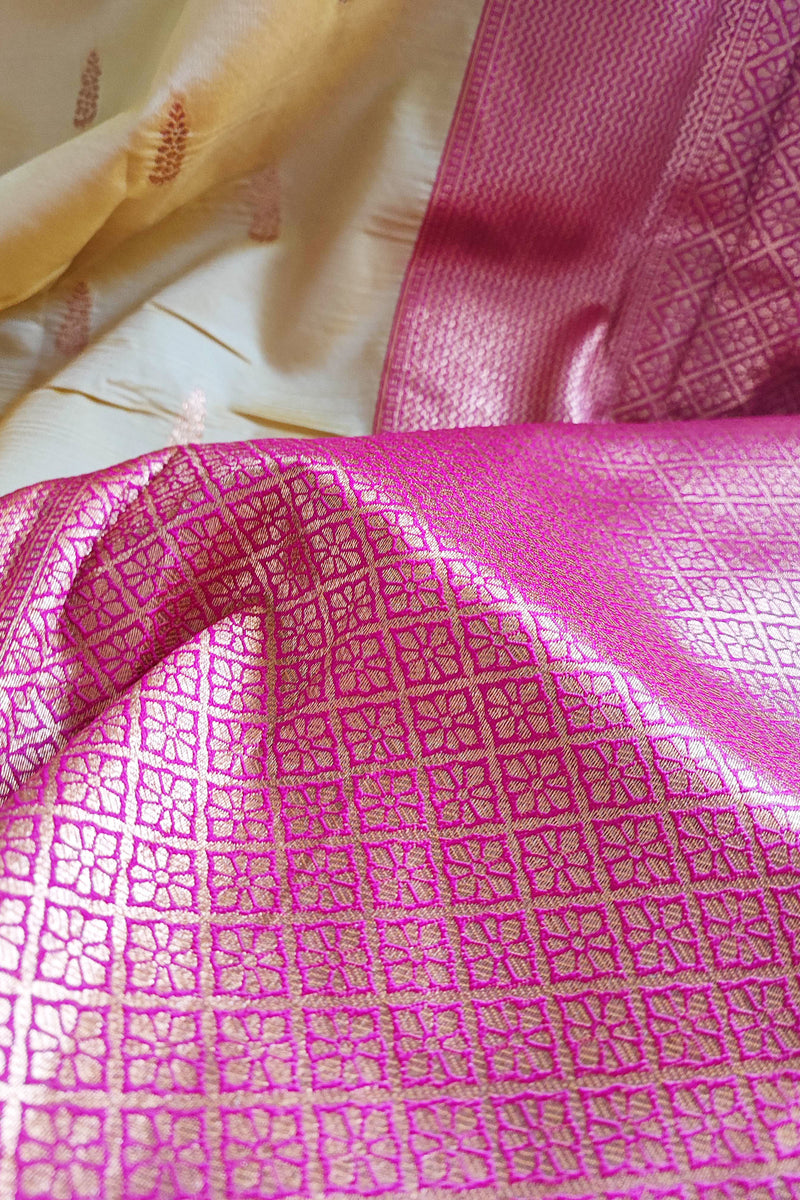 Cream & Punch Pink Semi Silk Saree With Embroidery & Tassels