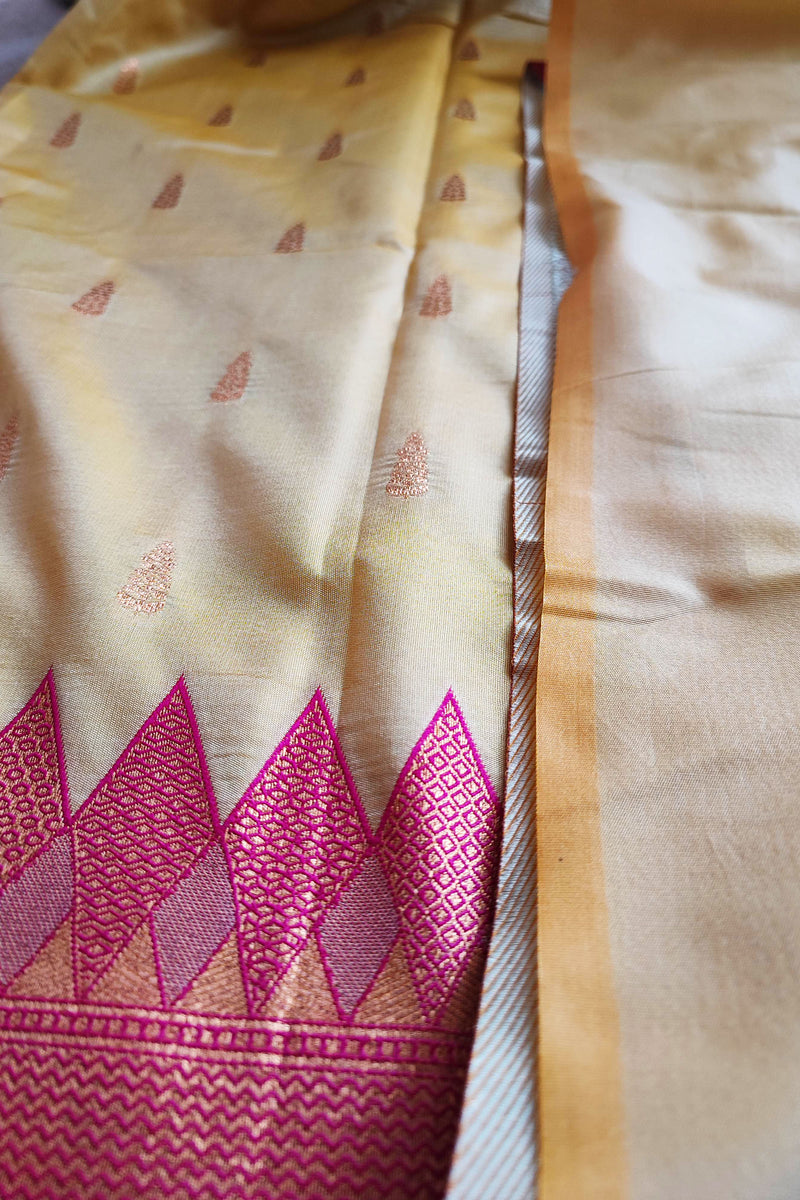 Cream & Punch Pink Semi Silk Saree With Embroidery & Tassels