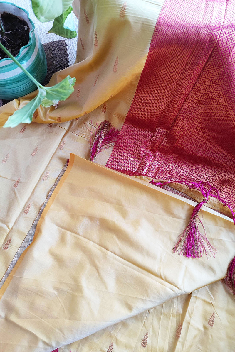 Cream & Punch Pink Semi Silk Saree With Embroidery & Tassels