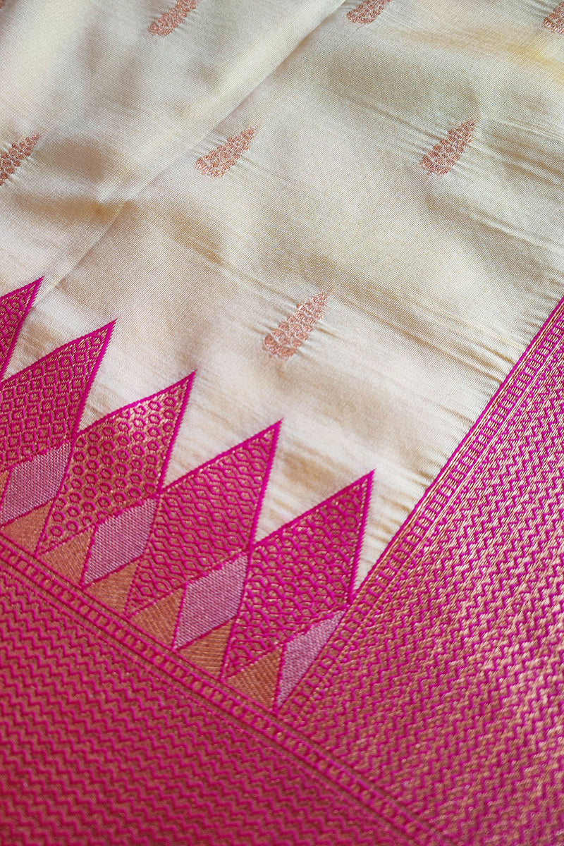 Cream & Punch Pink Semi Silk Saree With Embroidery & Tassels